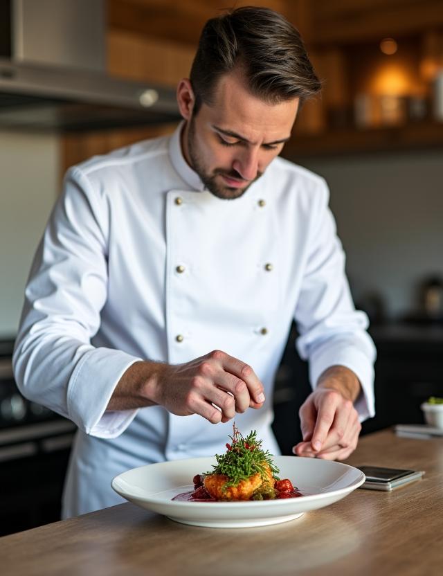 Professioneller Chefkoch bereitet ein alpines Gourmet-Gericht in einer eleganten Privatküche zu