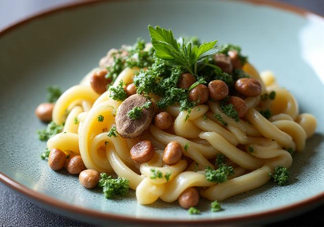 Moderne vegane Interpretation von traditionellen Teigwaren mit Bergkräutern